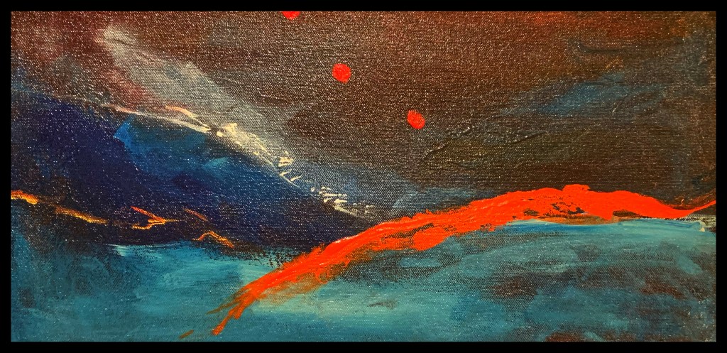 "The setting sun leaves a scar across the mountain" 

10x20