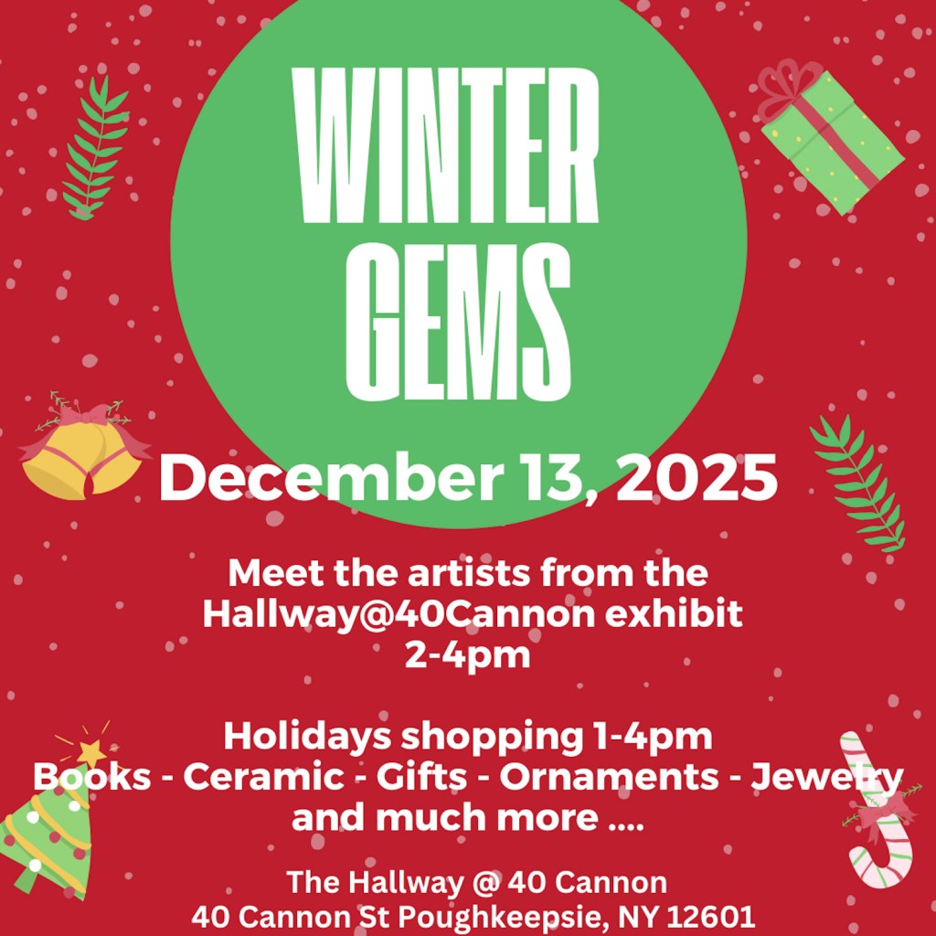 Promotional poster for the Winter Gems holiday market on December 13, 2025, featuring event details, festive decorations, and information about shopping and artist reception.