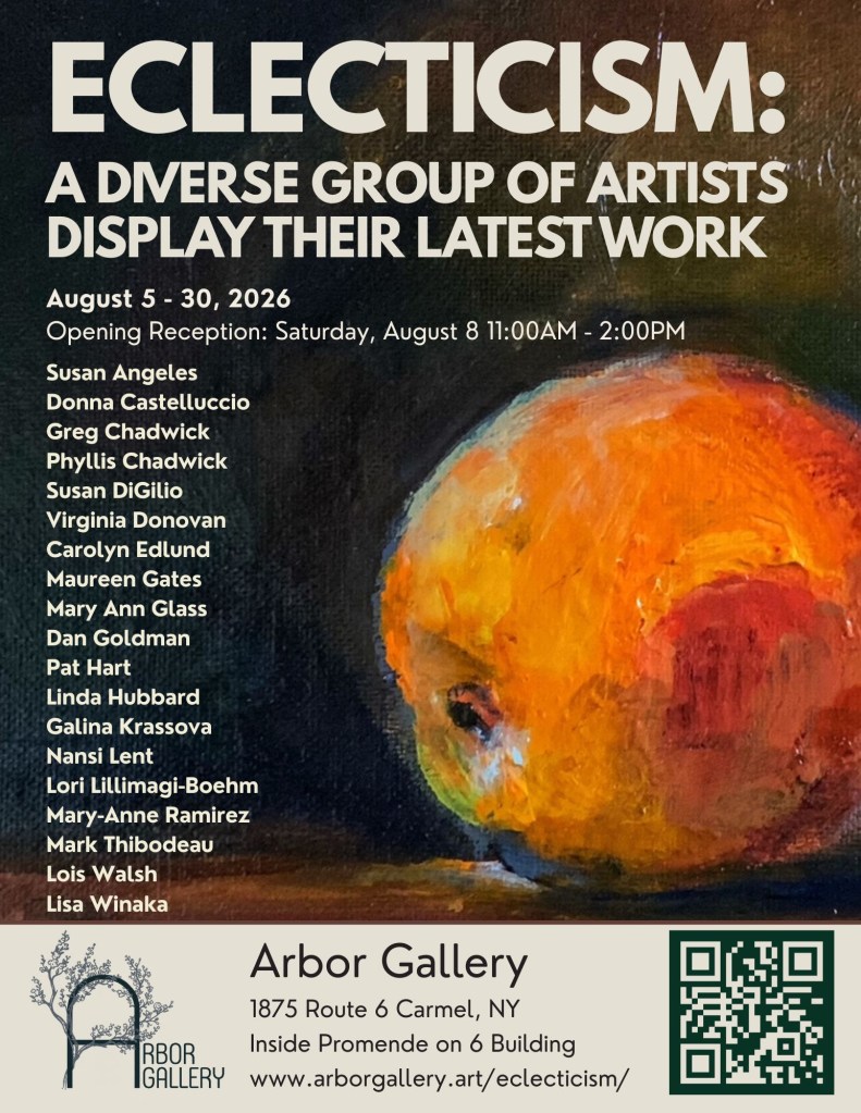 Promotional poster for the 'Eclecticism' art exhibition featuring a diverse group of artists, showcasing their latest work. Includes event details and a QR code for more information.